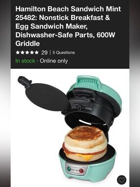 Hamilton Beach Breakfast Sandwich Maker 25482, Mint Green